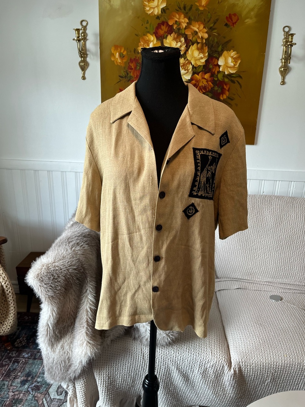 Womens Beige Alfred Dunner Vintage Safari Short Sleeve Button Shirt Size Medium